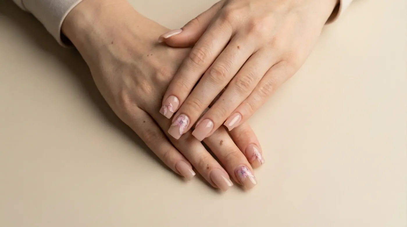Nude-rosa firkantede negler med rosa dekor