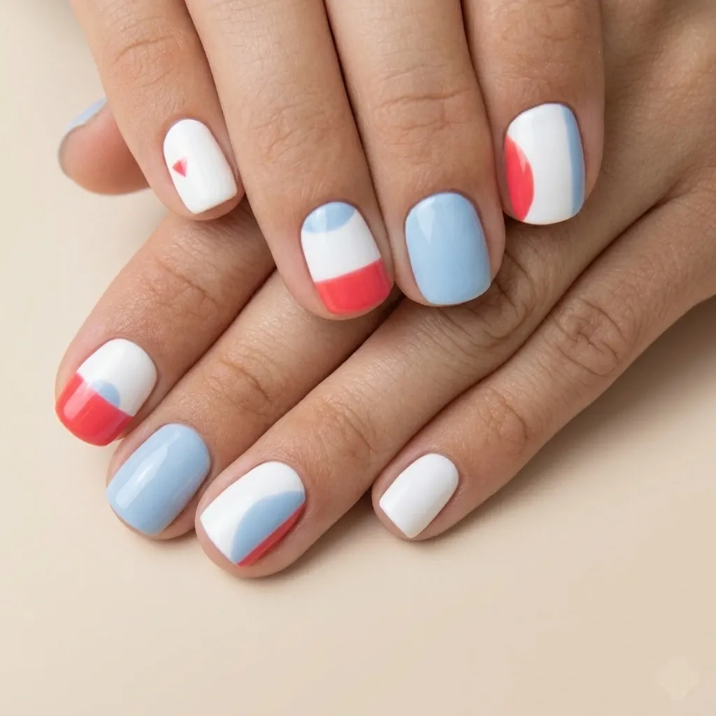 Korte kvadratiske negler i fargeblokk av melkehvit, lyseblå og korallrød med lite rødt hjerte