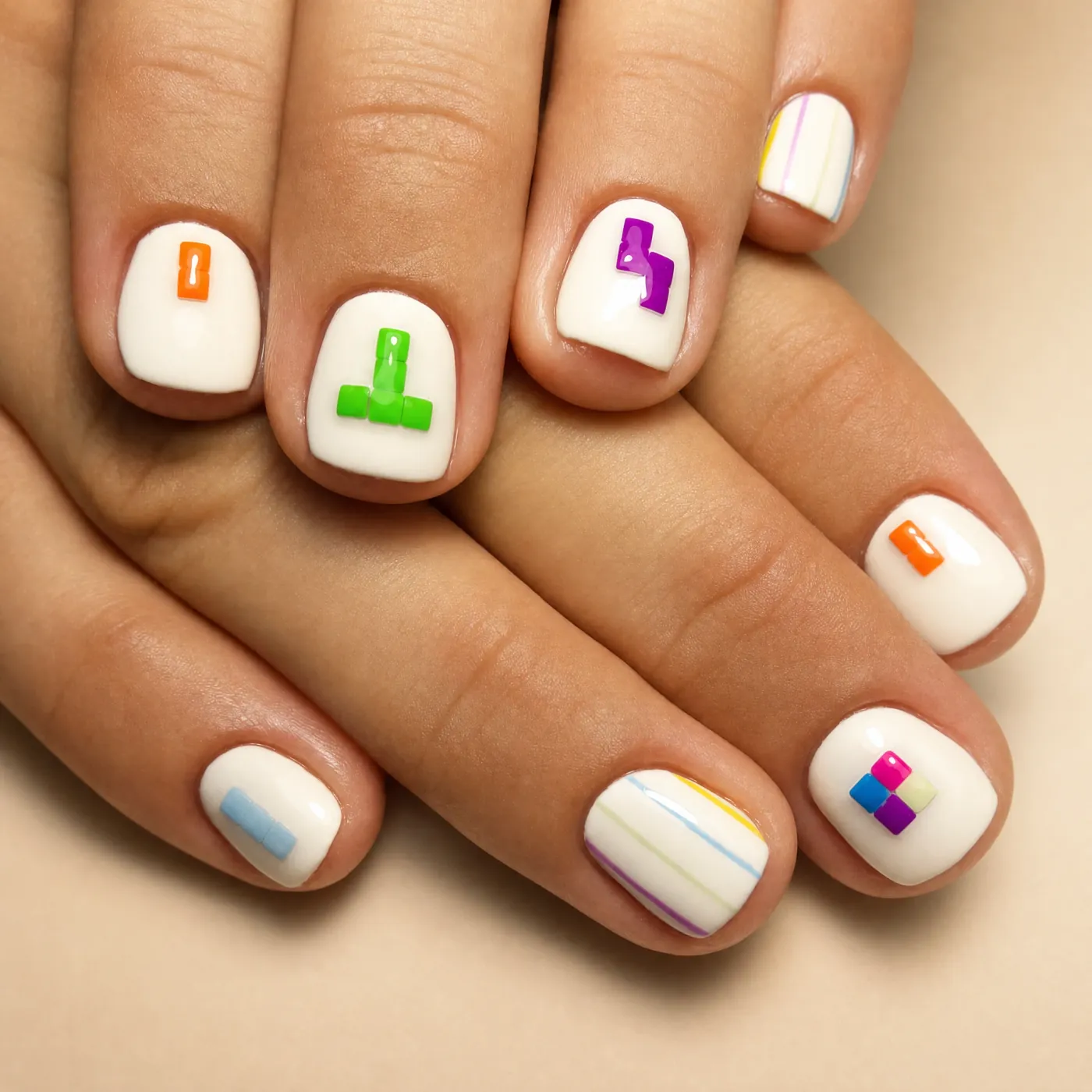 Melkehvit gellak med opphøyde 3D-klosser i neongrønn, oransje, lilla og gul på korte runde negler