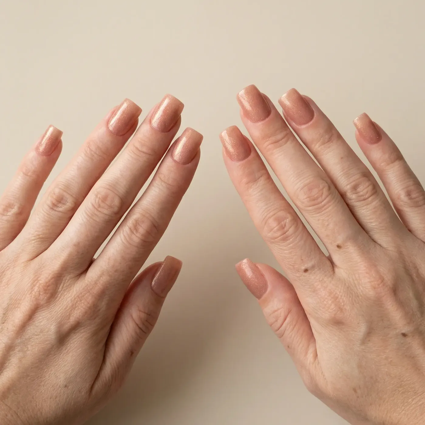 Korte nude fersken-beige negler med fint skimmer i lakken, diskret og naturlig look